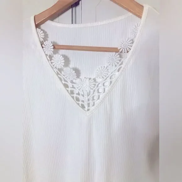 Boho White Lace Crochet Ribbed V Neck Cap Sleeve Fitted Boutique Top Size XL - Picture 4 of 6